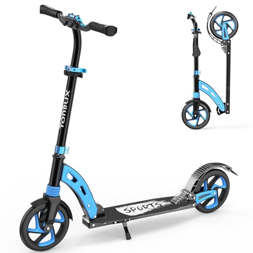 TONBUX Roller Kinder 6 7 8 9+Jahre,Aluminium Scooter Erwachsene,Cityroller Doppeltes Federungssystem, Höhenverstellbar&Klappbar Tretroller,Kickscooter bis 100kg Belastbar Blau