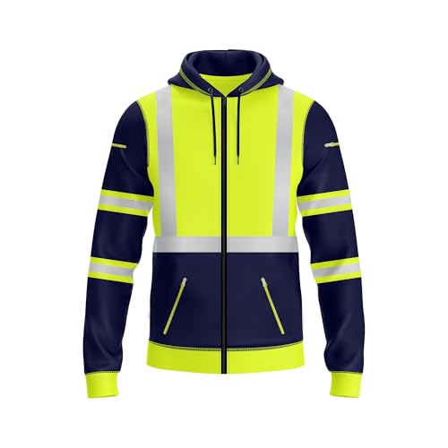 NOROZE Herren Kapuzenpullover mit Reißverschluss vorne reflektierend hohe Sichtbarkeit Sicherheitsmantel Taschen Sweatshirt Jacke (M, Stil 3: Neongrün/Marine)