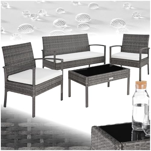 tectake® Poly Rattan Gartenmöbel wetterfest, Gartenset mit 2X Sessel, 1x Gartenbank, 1x Tisch, Outdoor Lounge Möbel Set für Garten, Terrasse und Balkon - grau
