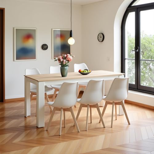 FURNITABLE Esstisch mit 6 Stühlen Esszimmergruppe, Esszimmerstühle und Rechteckig Küchentisch Essgruppe Sitzgruppe für Wohnzimmer Küche Büro(160cm Eiche-Weiß Tischbein Tisch+6 Weiß Stühle)