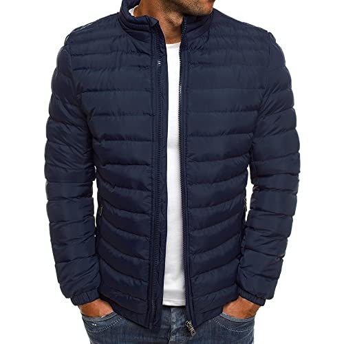 Winterjacke Herren Einfarbig Slim Fit Warm Kälte Jacke Herren Stehkragen Einfachheit All-Match Baumwolljacke Herren Reißverschluss Taschen Steppjacke Herren B-Navy S