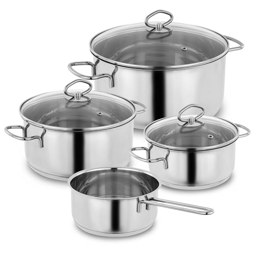 Kopf Topfset Merkur aus Edelstahl - Induktionstöpfe mit Schüttrand, Literskala und Glasdeckel – 4-teilig