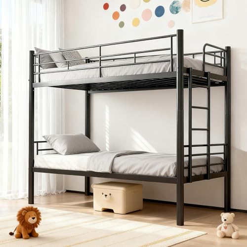 Askelierg Etagenbett 90x200, Stockbett Metall, Bunk Bed mit SchutzgeläNder und Zugangsleitern, Umbaubar in 2 Einzelbetten, Hochbett Platzsparendes für Kinder Jugendliche und Erwachsene (Schwarz)