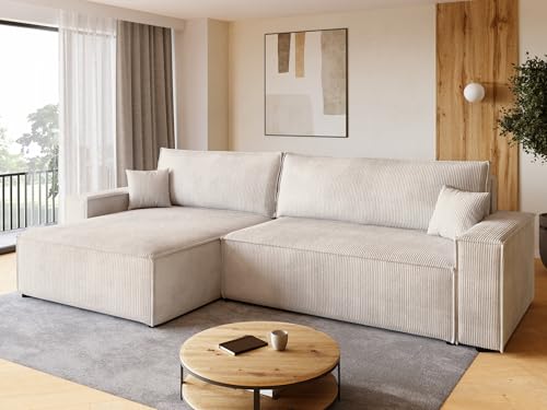 BROMARKT Sofa mit Schlaffunktion Couch L Cordstoff Sofa Bettkasten Schlafsofa für Wohnzimmer Ecksofa freistehend Adi XL Relaxsofa 3 sitzer 272x143x85 cm Vanilla