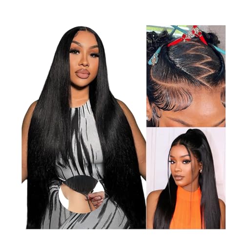 Oxeyegirl 18 Zoll 13x6 Straight Echthaar Perücke Lace Frontal Wig Human Hair with Elastic Drawstring 180% Density Perücke Damen Echthaar Glueless Wigs for Black Women Brazilian Silky Straight Hair