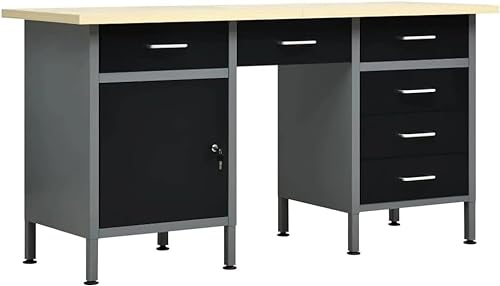 KOIECETA Arbeitstisch mit 6 Schubladen 1 Schrank Höhenverstellbare Füße Werkstatt Werkbank Werktisch Packtisch Schwarz 160x60x85cm Stahl