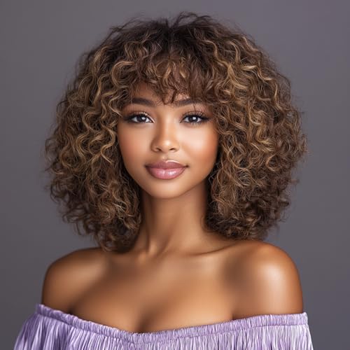FASHION IDOL Bob Curly Echthaar-Perücken mit Pony Jerry Curl Bob Perücken Echthaar brasilianische Virgin Echthaar keine Lace Front Perücken für Frauen (25CM, P4/30/27)