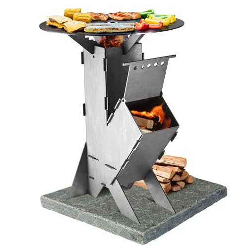 GRAFT Raketenofen inkl. Grillplatte Rocket Stove Stecksystem aus massivem 3 mm dickem Stahl | Feuerschale | Pelletofen | Holzofen | Campingkocher | Campinggrill | Holzkochherd