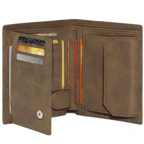 Tomylv Geldbörsen Herren, RFID-blockierende Leder Portmonee Herren mit 11 kartenetui, 1 Ausweisfenster & Fotofenster, Münzfach mit Knopf, 2 Geldscheinfächern, Geldbeutel mit Geschenkbox – Braun