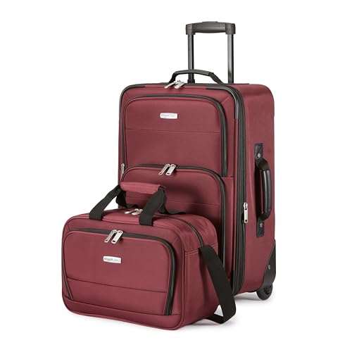 Amazon Basics 2-Teiliges Weichschalen-Koffer-Set, Erweiterbares Handgepäck (58 cm) und Tragetasche (25 cm), Leicht, 100% Polyester, Stapelbares Set, Rot