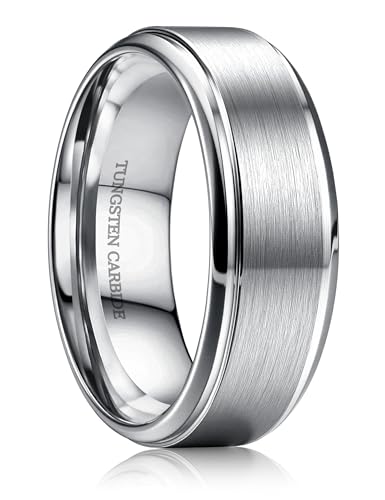 CASSIECA Ringe Herren Wolfram Ringe für Herren Silber Matt Gebürstet Eheringe Verlobungsring Partnerring Trauringe Breit 8MM Größe 62