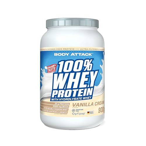 Body Attack 100% Whey Protein - Vanilla, 900 g - Made in Germany - extra cremiges Eiweißpulver mit Hydrolysat und BCAA´s, unterstützt Muskelaufbau und Diäten, für alle Sportler & Athleten
