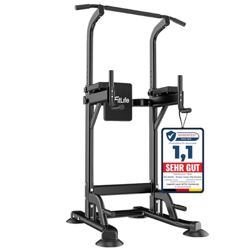DH FitLife Power Tower Dip Station | Sport Geräte mit Klimmzugstange, Dip Barren u. Rückentrainer | Kraftstation Kraftturm | Fitness Station | Power Rack for Home Gym | Krafttraining für Zuhause