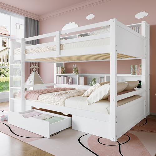 LAKFEW Kinderbett Etagenbett 90x200 cm für 2 Kinder, Hochbett mit Stauraum Schubladen, Stauraumbett Bett mit Leiter, Holzbett Bettgestell mit Lattenrost und Rausfallschutz, Ohne Matratze, Weiß