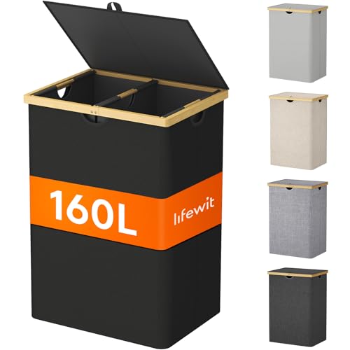 Lifewit 160L Bambus Wäschekorb mit Deckel, Faltbar Wäschesammler 2 Fächer Wäschesortierer mit Abnehmbarem Wäschesack Bambus Griffen Wäschebox Laundry Baskets für Waschküche, Schlafzimmer,Dunkelschwarz