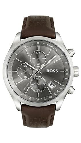 BOSS Chronograph Quarz Uhr für Herren mit Braunes Lederarmband, Grau, One Size