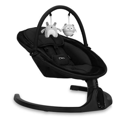 MoMi KENANI ONYX Babywippe für Babys bis 9 kg, mit LED-Display, Fernbedienung & Bluetooth für Smartphone, Batterie- oder Stromanschluss, mit 5-Punkt-Sicherheitsgurt, Bügel und Spielzeug