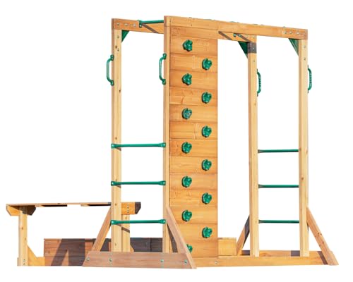 DOLPHIN PLAYGROUND T Klettergerüst Outdoor aus Holz mit Affenschaukel, Kletterwand, Sandkasten & Picknicktisch – Robustes Outdoor-Spielgerät aus Zedernholz für Kinder ab 2 Jahren