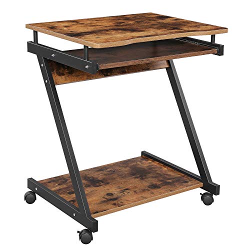 VASAGLE Computertisch In Z-Form, Schreibtisch, Kompakter Bürotisch, Einfache Montage, Räder Mit Bremsen, Vintage-Braun, 60 x 48 x 73 Cm
