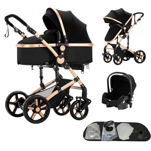 3-in-1 Baby Kombikinderwagen, Babywanne, Sportwagen und Autositz, for 0-36 Monate Babys (Schwarz-Gold)