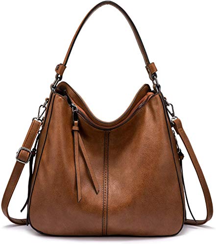 Realer Handtasche Damen Mittelgroß, Shopper Tasche Groß, PU Leder Schultertasche Umhängetasche, Vintage Hobo Bag für Büro Arbeit Einkauf, Braun