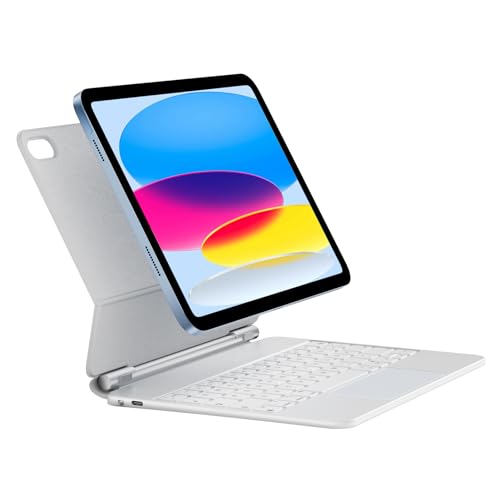 HOU Tastatur Hülle für iPad 10. Generation (10.9 Zoll), Magnetischer Ständer, Multi-Touch Trackpad, 7-Farbige Beleuchtete, iPad 10. Generation 2022 Hülle mit Tastatur, QWERTZ Layout, Weiß