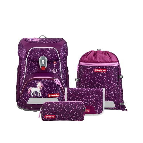 Step by Step Schulranzen-Set FIT „Pretty Unicorn Nuala“ 5-teilig, rosa, Einhorn-Design, ergonomischer Tornister mit Reflektoren, höhenverstellbar mit Hüftgurt für Mädchen ab der 1. Klasse, 19L