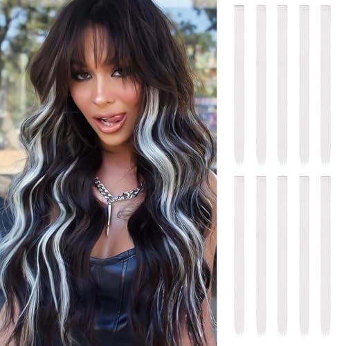 10 Stück Haarsträhnen zum Einklipsen | 55 cm Farbige Clip in Extensions | Langes glattes Bunte Haarsträhnen Kinder | Haarschmuck Mädchen (Weiß)