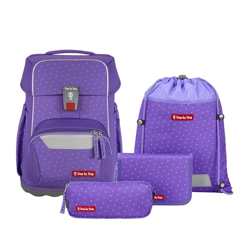 Step by Step Basis Schulranzen-Set „Purple Konfetti“, 4-teilig, lila, ergonomischer Tornister mit Reflektoren, Hüft- und Brustgurt, für Kinder ab der 1. Klasse, 20 Liter