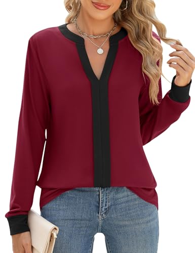 IECCP Bluse Damen Elegant V-Ausschnitt Oberteile Henley Shirts Herbst Plissiert Langarmshirt Basic T Shirt Festliche Kleidung Schwarz_Burgunderrot L