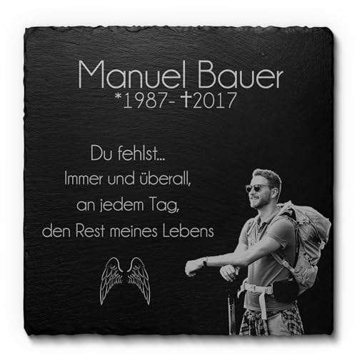 Grabstein Gedenkstein aus Schiefer - Exklusiv: Wetterfeste Imprägnierung! Grabplatte mit Gravur 20x20 cm - Gedenktafel für Menschen Hund Katze -personalisiert Urnengrabstein Grabschmuck Urnengrab Grab
