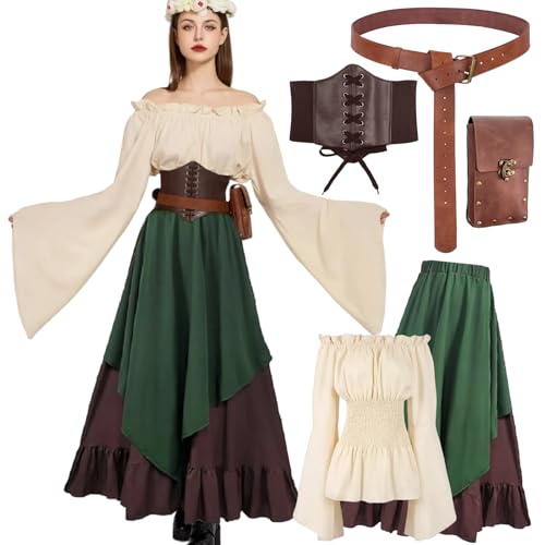 kasahara 5pcs Mittelalter Kleidung Damen Set, Retro Off Shoulder Bluse Kleid Renaissance Kostüm Victorian Bekleidung Maxi Dressm mit Corsett, Gürteltasche, Gürtel, Karneval Faschingskostüm (Green, L)