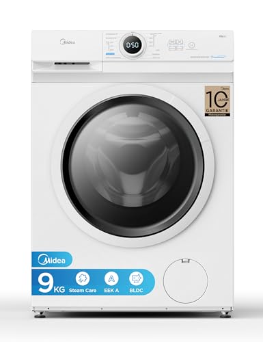 Midea MF10EW90B Waschmaschine / 9kg / 1400 U/Min/EEK A/Inverter Quattro Moto/Dampffunktion/Grosse Trommel/Nachlegefunktion/Kindersicherung/AquaStop, Weiß