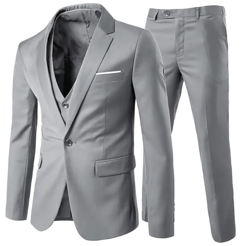 Allthemen Herren Anzug Slim Fit 3 Teilig Anzüge Herrenanzug Sakko für Hochzeit Business Hellgrau M