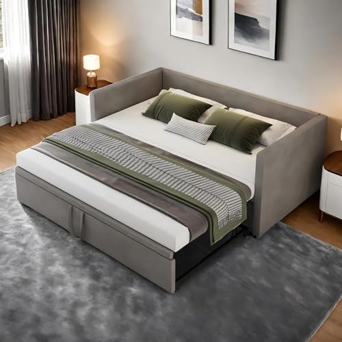 Polsterbett, Schlafsofa Ausziehbar Für 2 Personen, Tagesbett, Ausziehbett Gleiche Höhe, Schlafcouch Mit Lattenrosten Und Rückenlehne, Multifunktionsbett, Samtstoff, Ohne Matratze (Grau, 90/180x200cm)