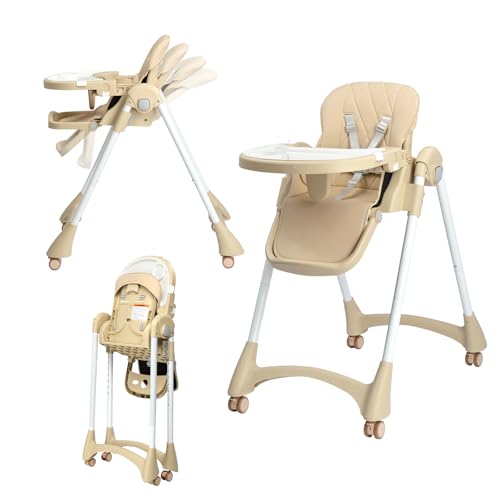 Bonnlo Baby Hochstuhl 7-fach höhenverstellbar, Kinderhochstuhl mit Doppeltablett ab 6 Monate für Essen und Badewanne, Multifunktionaler Babystuhl (Beige)