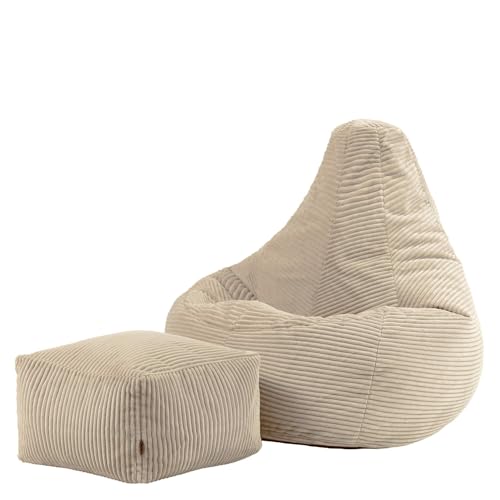 Icon Dalton Sitzsack mit Hocker Cord, Beige, Gaming Sitzsack Erwachsene mit Füllung, Bean Bag, Cord Sessel, Lounge Sessel, Lounge Stuhl, Schlafzimmer, Wohnzimmer, Wohnzimmer Möbel