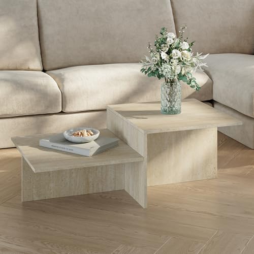[en.casa] Couchtisch Taniena Wohnzimmertisch mit doppelter Tischplatte eckig Beistelltisch 100 x 55 x 35 cm Sofatisch Travertin