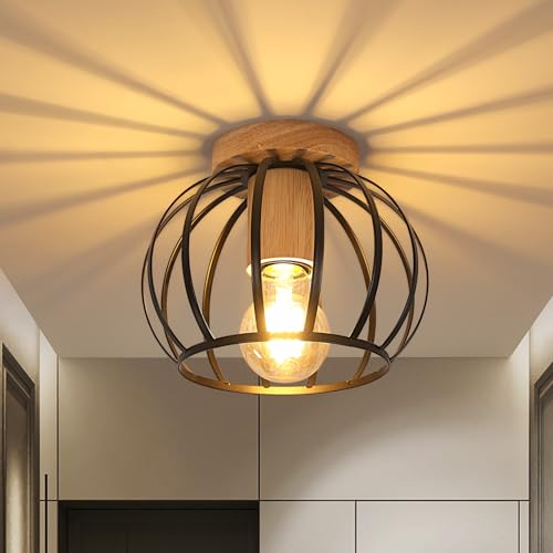 Goeco Deckenleuchte Schwarz, E27 Lampenfassung Industrial Lampenschirm in Form eines Metallkäfigs mit Holzsockel, Deckenlampe Vintage für Flur, Balkon und Speisesaal, Ø 19cm