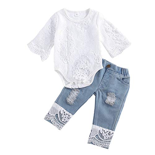 Geagodelia Babykleidung Set Baby Mädchen Kleidung Outfit Langarm Spitze Body Strampler + Jeans Hose Neugeborene Weiche Babyset T-52488 (Weiß & Blau 240, 3-6 Monate)