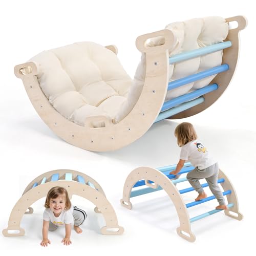 klettergerüst Indoor,Holzkletterbogen mit Weichem Kissen,Indoor Klettergerüst für Kinder ab 3 Jahre, Multifunktional als Wippe & Kletterdreieck zum Klettern/Krabbeln,Belastbarkeit bis 50kg(C)