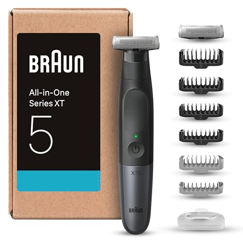 Braun Series XT5 Gesicht & Körper, Elektrischer Rasierer, Barttrimmer & Bodygroomer, 8 Zubehörteile, Körperrasierer mit Sensitiv Kammaufsatz, 45 Min Akku, Trimmen & Rasieren, Wasserdicht, XT5270, Grau