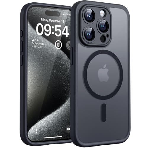 TOCOL für iPhone 15 Pro Max Hülle 6,7 Zoll, Kompatibel mit MagSafe, Vollständiger Kameraschutz, Eingebauter Magnetring, Stoßfest Kratzfest Transluzente Handyhülle für iPhone 15 Pro Max Case, Schwarz