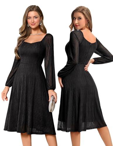 Bbonlinedress festliches Cocktailkleid Damen Langarm Abendkleider elegant für Hochzeit midilang Brautkleid Winter Party Rockabilly Vintage Kleider Black M