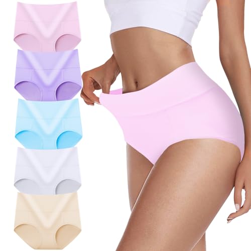 TDONE Unterhosen Damen Hohe Taille Stretch Baumwolle Atmungsaktives Hipster Weich Panties Bauchweg Unterwäsche Slips für Frauen 5er Pack