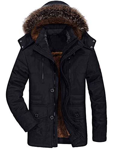 FTCayanz Herren Warme Winterjacke Parka Lang Wintermantel Mit Kunstfell Kapuze Outdoor Gefütterte Steppjacke Jacke Schwarz XL