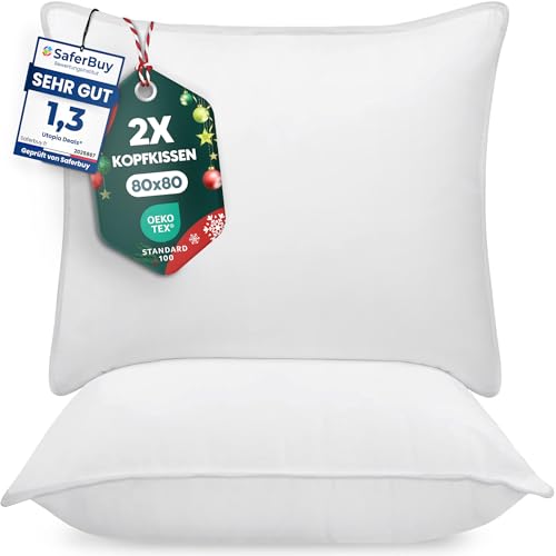 Utopia Bedding KopfKissen (2er Set), 80 x 80 cm Schlafkissen, Atmungsaktiv et Weich Kissen (Weiß)