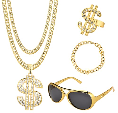 Tigvio 4 Stück Zuhälter Goldkette Fasching Kit, Hip Hop Gangster Rapper Kostüm Mit Herren Armbänder Ring Brillen, 70er 80er 90er Jahre Accessoires für Karneval Halloween Party