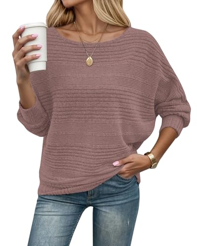WNEEDU Pullover Damen Herbst Winter Dünne Fledermausärmel Strickpullover Langarm Geripptes Pulli Sweater Sweatshirt Langarmshirt Elegant Russischrot M