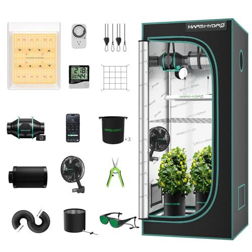 Mars Hydro Growzelt Komplettset,TS600 Vollspektrum Grow Lampe,60X60X140cm 1680D Hoch Reflektierend Mylar Grow Box Komplettset,mit 4